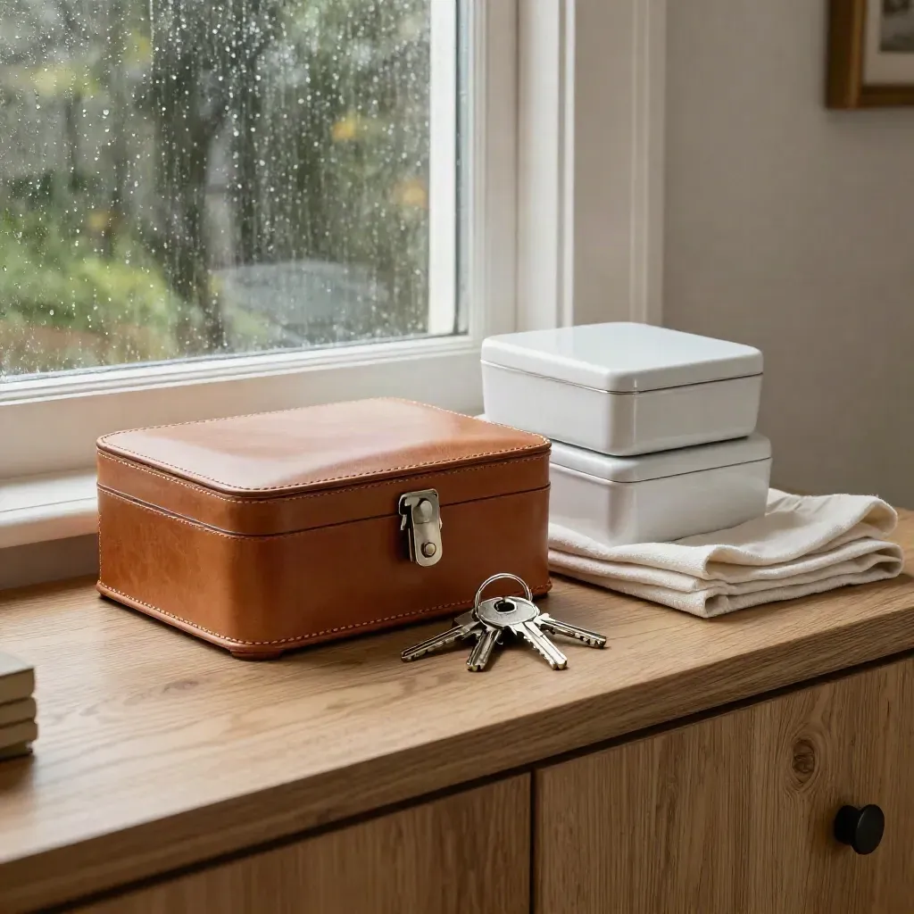 Leather keepsake box, family keys and stacked ceramic boxes on a sideboard by storm light.