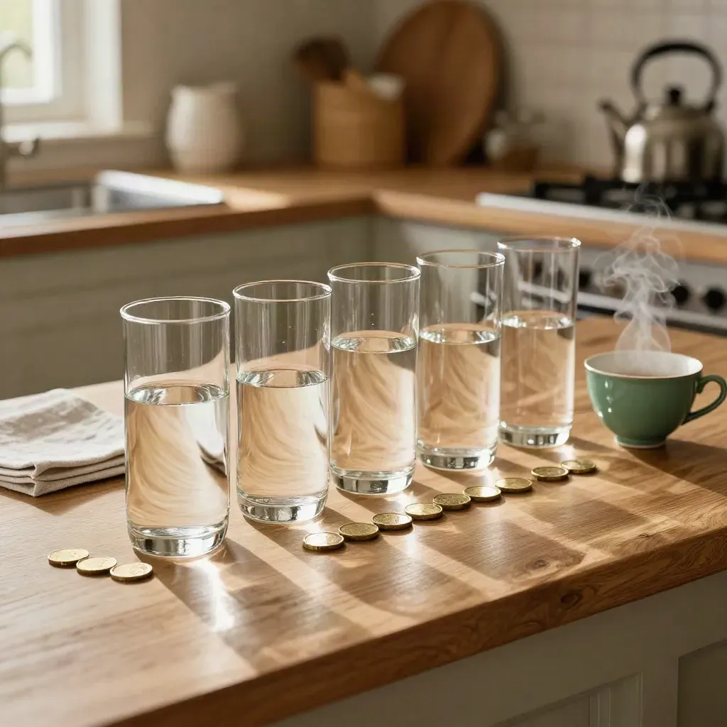 Glass vessels and coin markers on a kitchen counter, with tea steam and warm daylight.