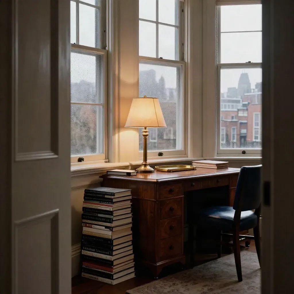 London townhouse study with folios, brass lamp, and misty sash-window skyline