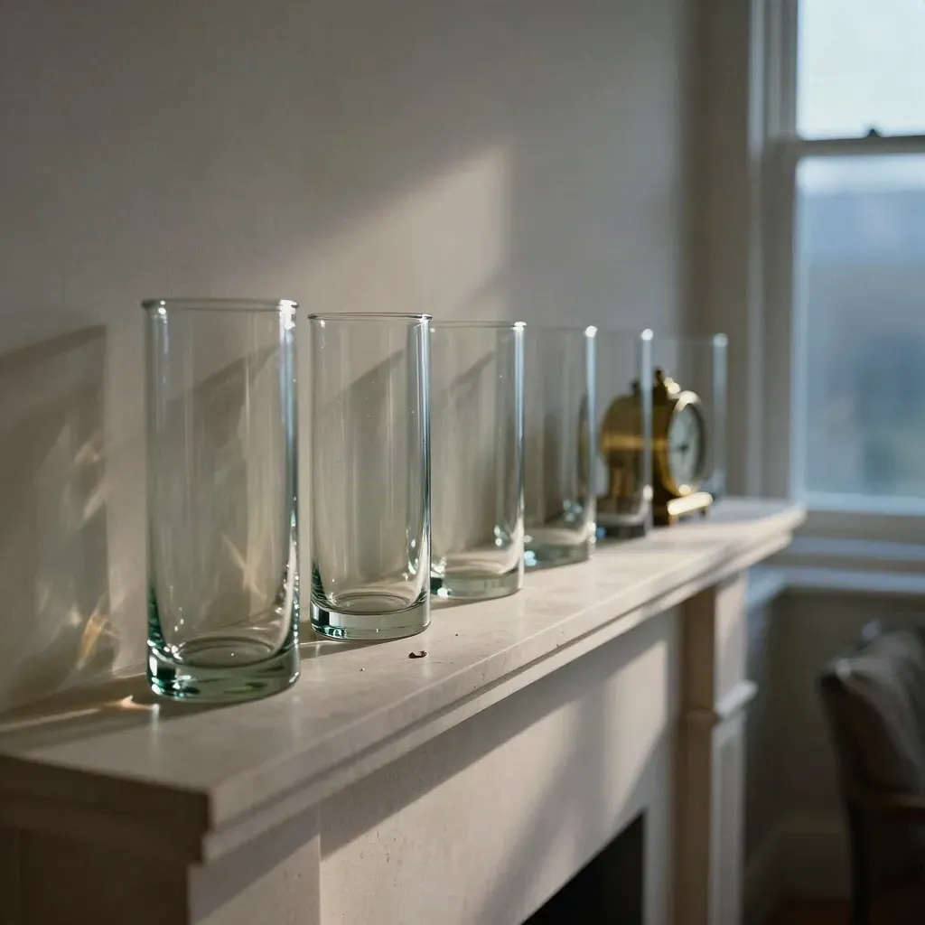 Glass vessels on a mantel by a clock, lit by blue-hour warmth and haze.