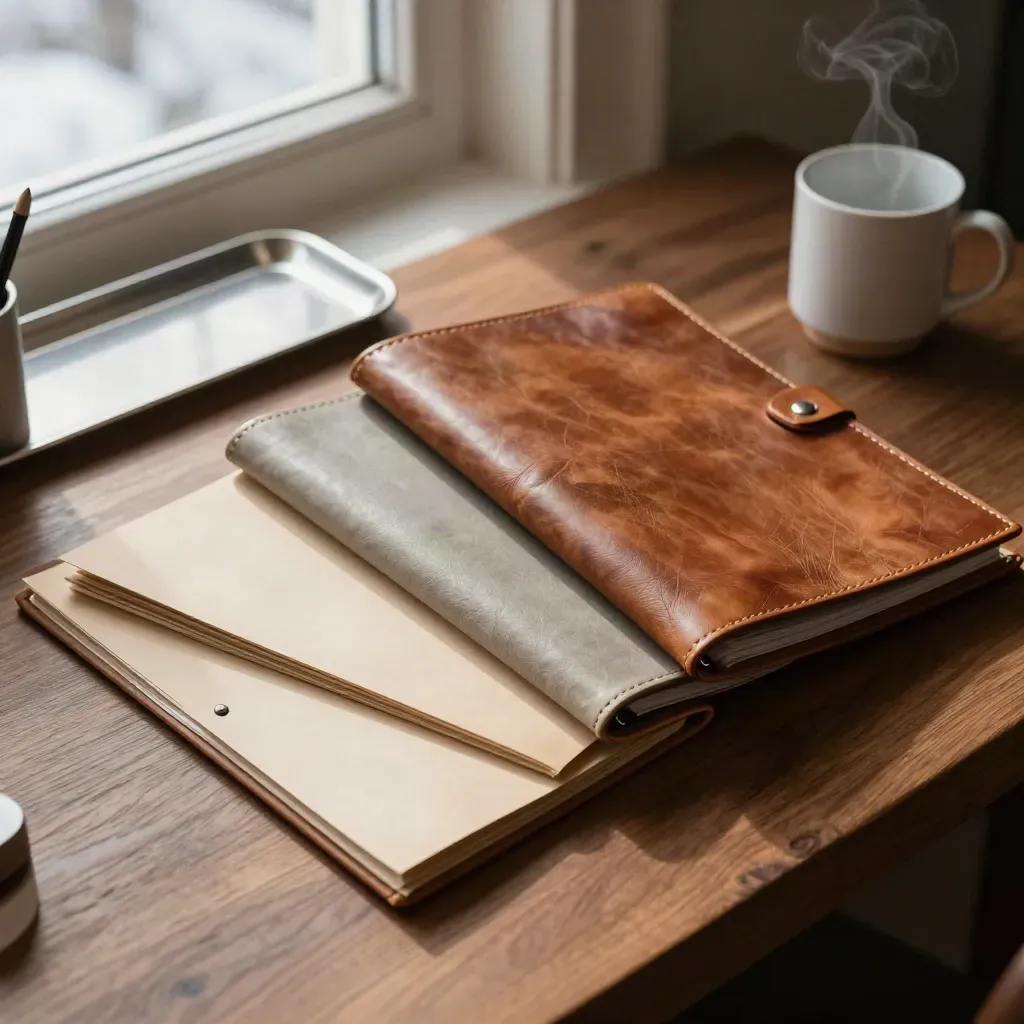 Overhead pension folders, steam mug, and pencil cup on a walnut table in cool winter light