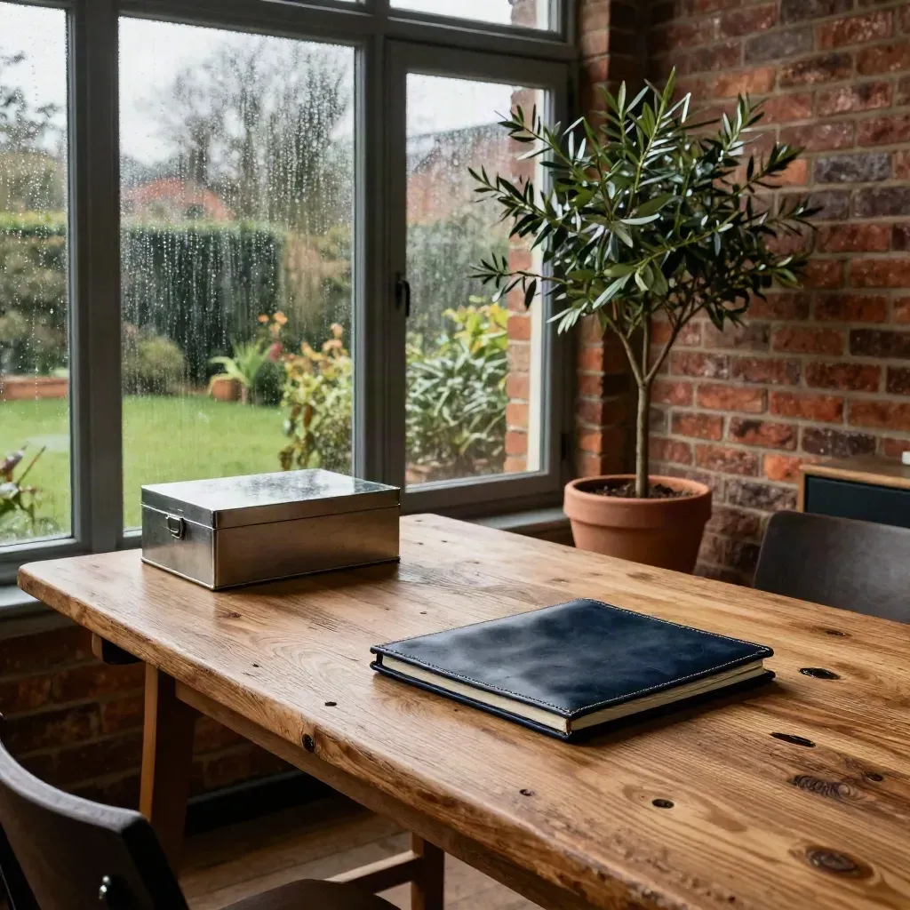 Rainy West Midlands conservatory with a navy leather folio, reclaimed table, olive tree, and brick wall.