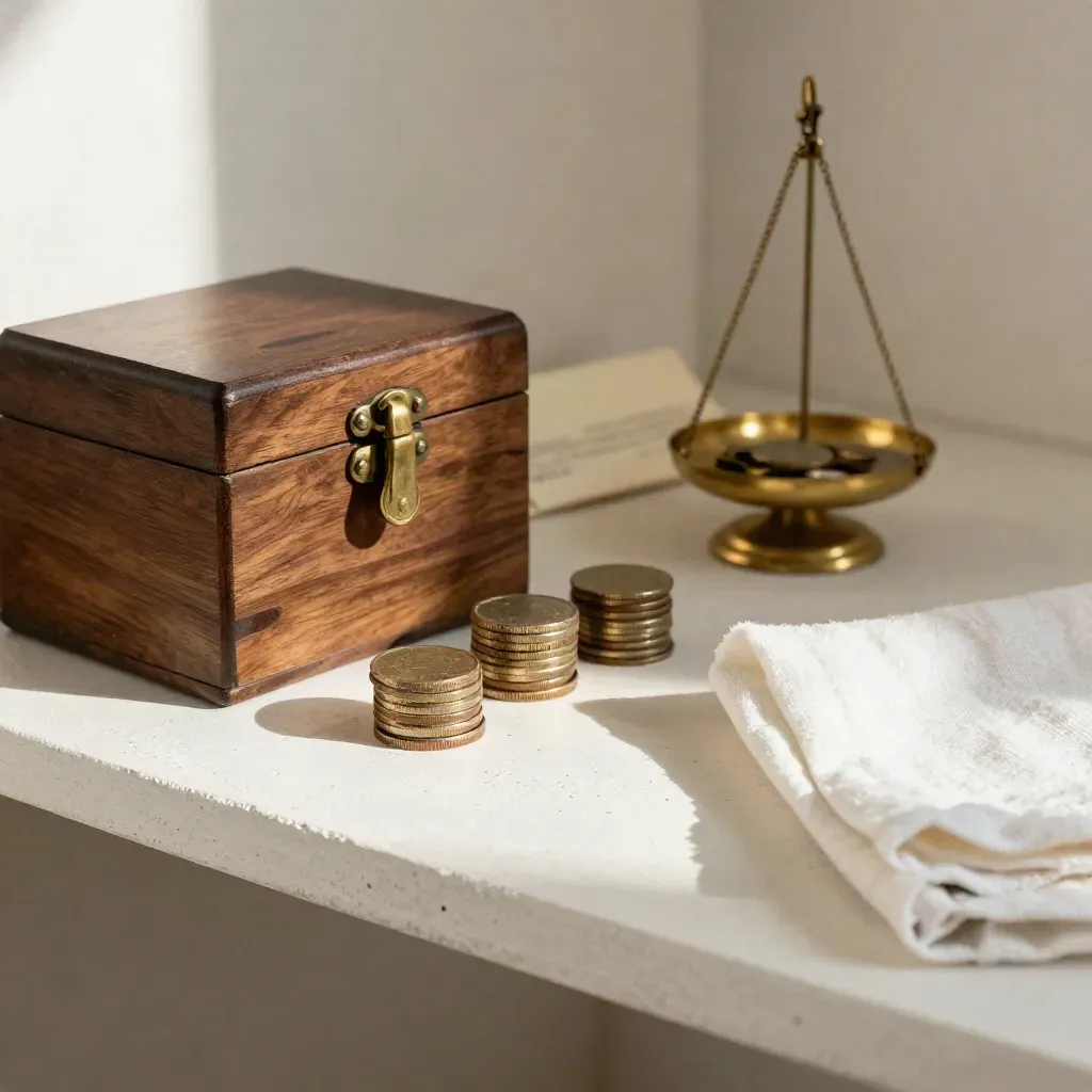 Walnut cash box, coin piles and brass scale on a pale plaster shelf.