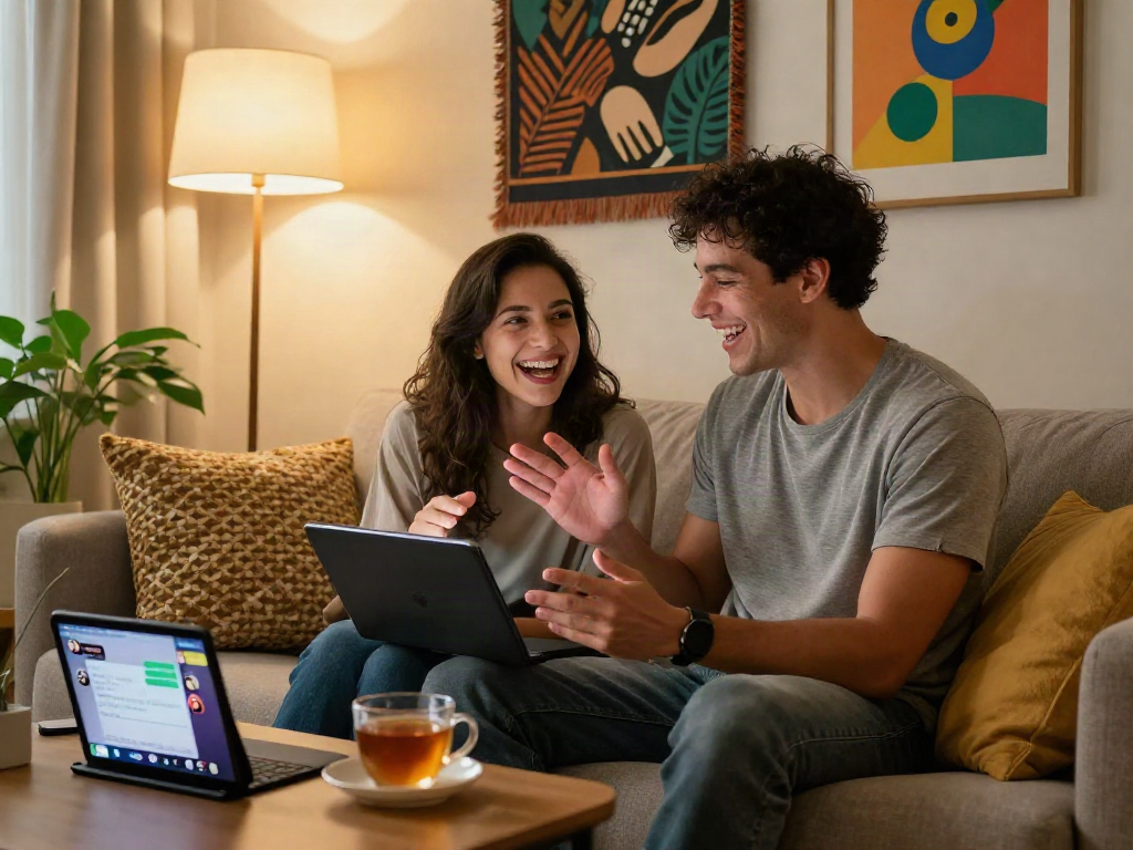 Engaging sex chat AI conversation between a happy couple in a cozy living room setting.